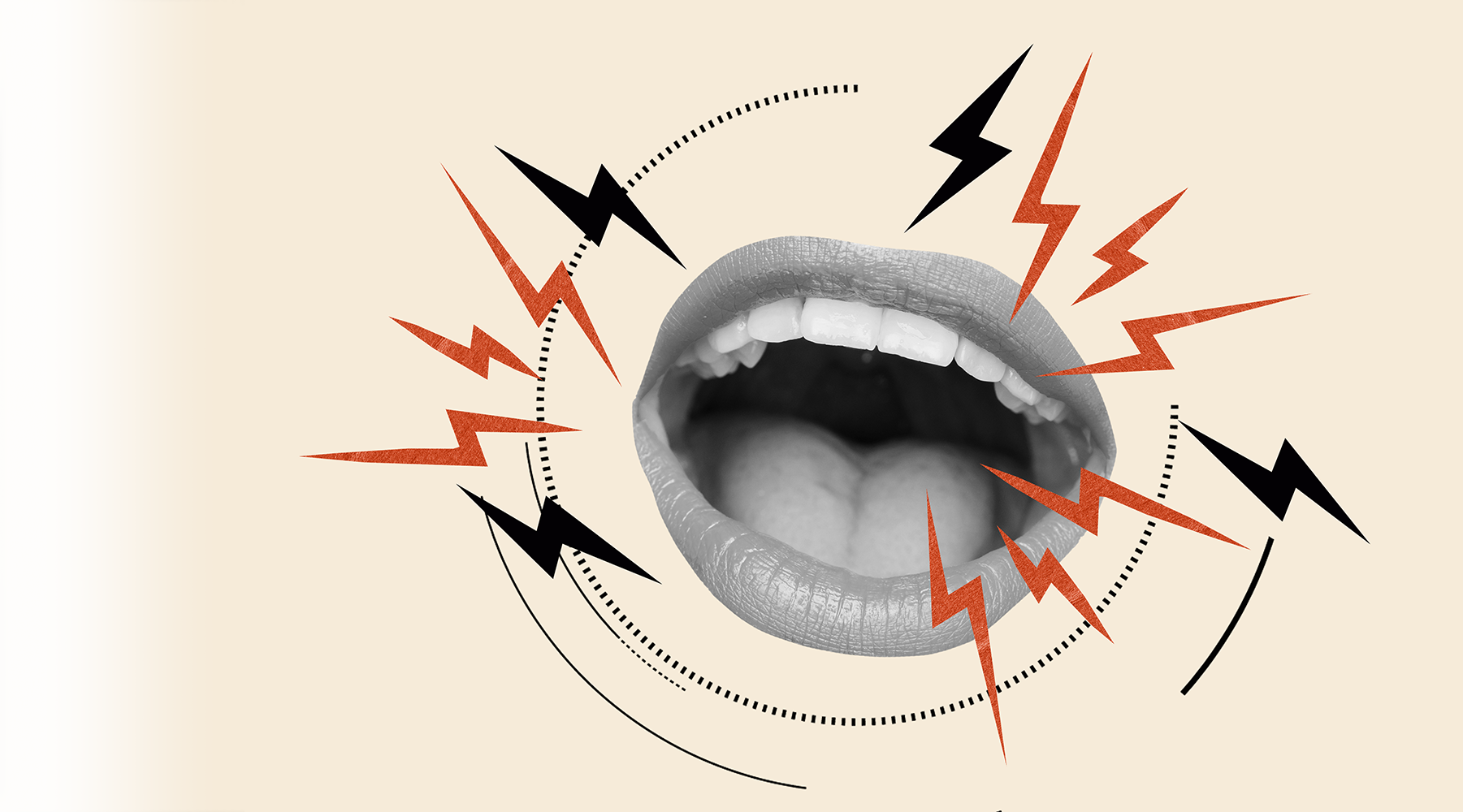 A fun happy mouth has electricity icons surrounding it.