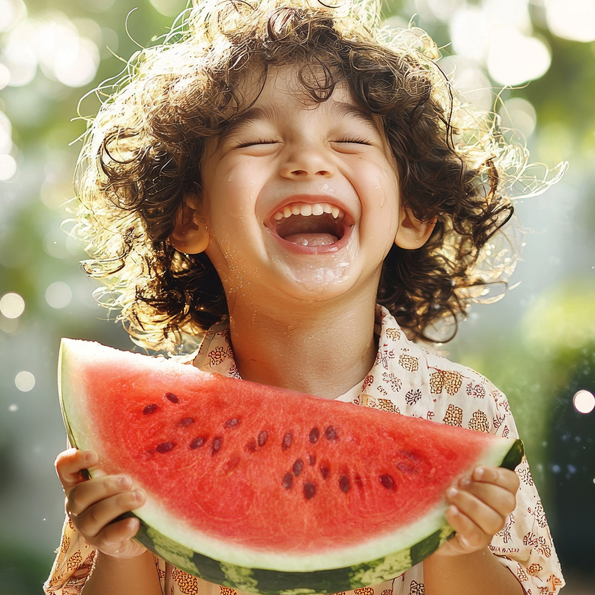 child laughs while eating watermelon