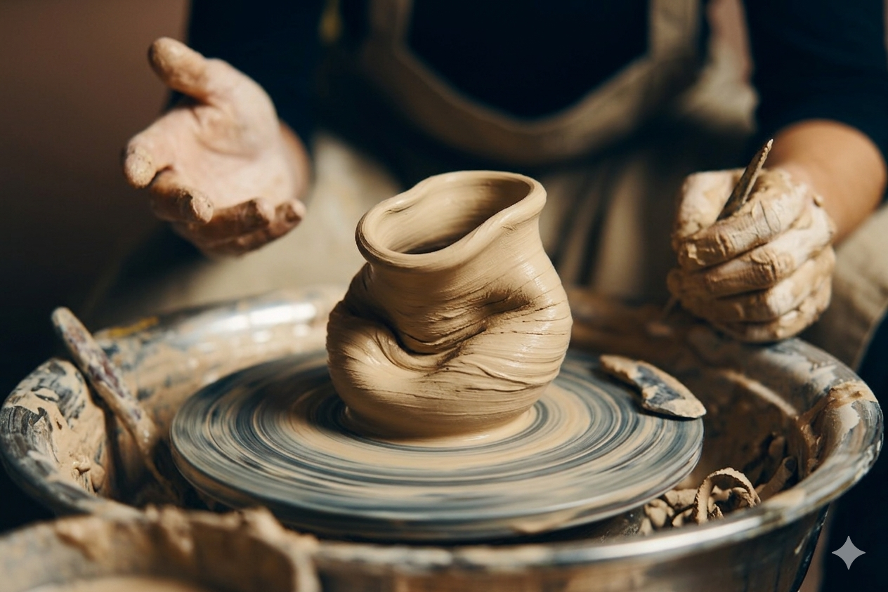 Potter with a flopped Pot A Potter gestures at the pottery wheel, because the created pot has flopped, collapsing into itself.