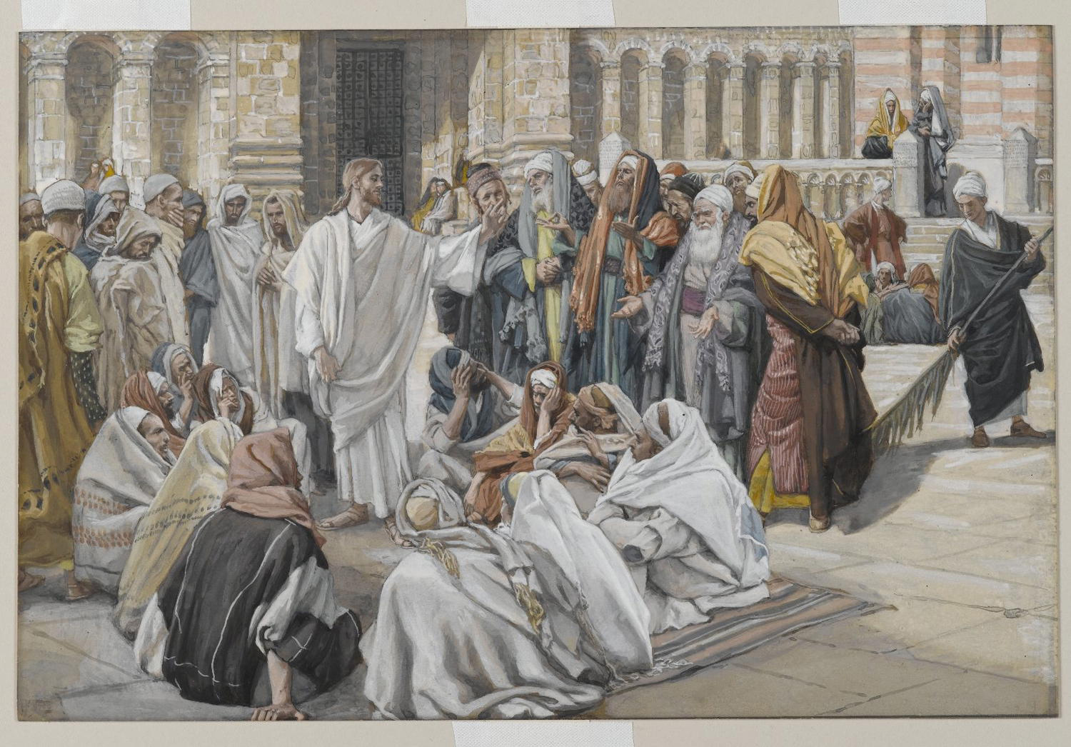 The Pharisees Question Jesus by James Tissot A group of disgruntled pharisees question Jesus in a public square.