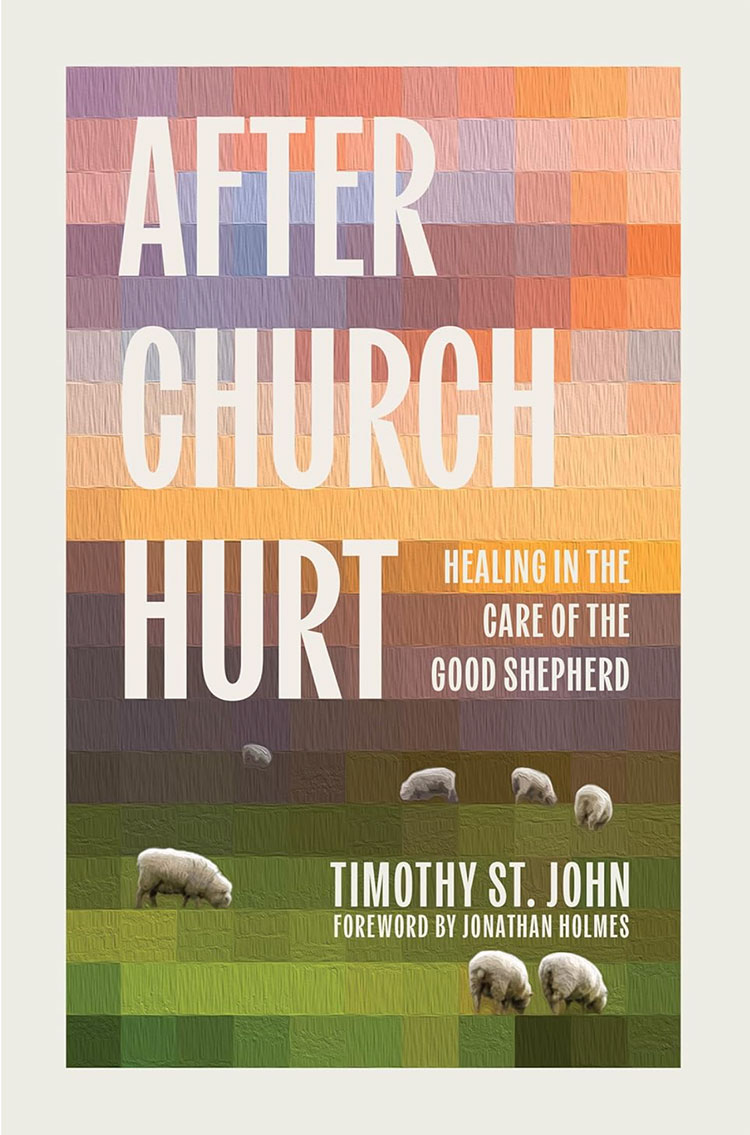 After-Church-Hurt-Timothy-St-John Book cover with an abstract pastoral scene and grazing sheep