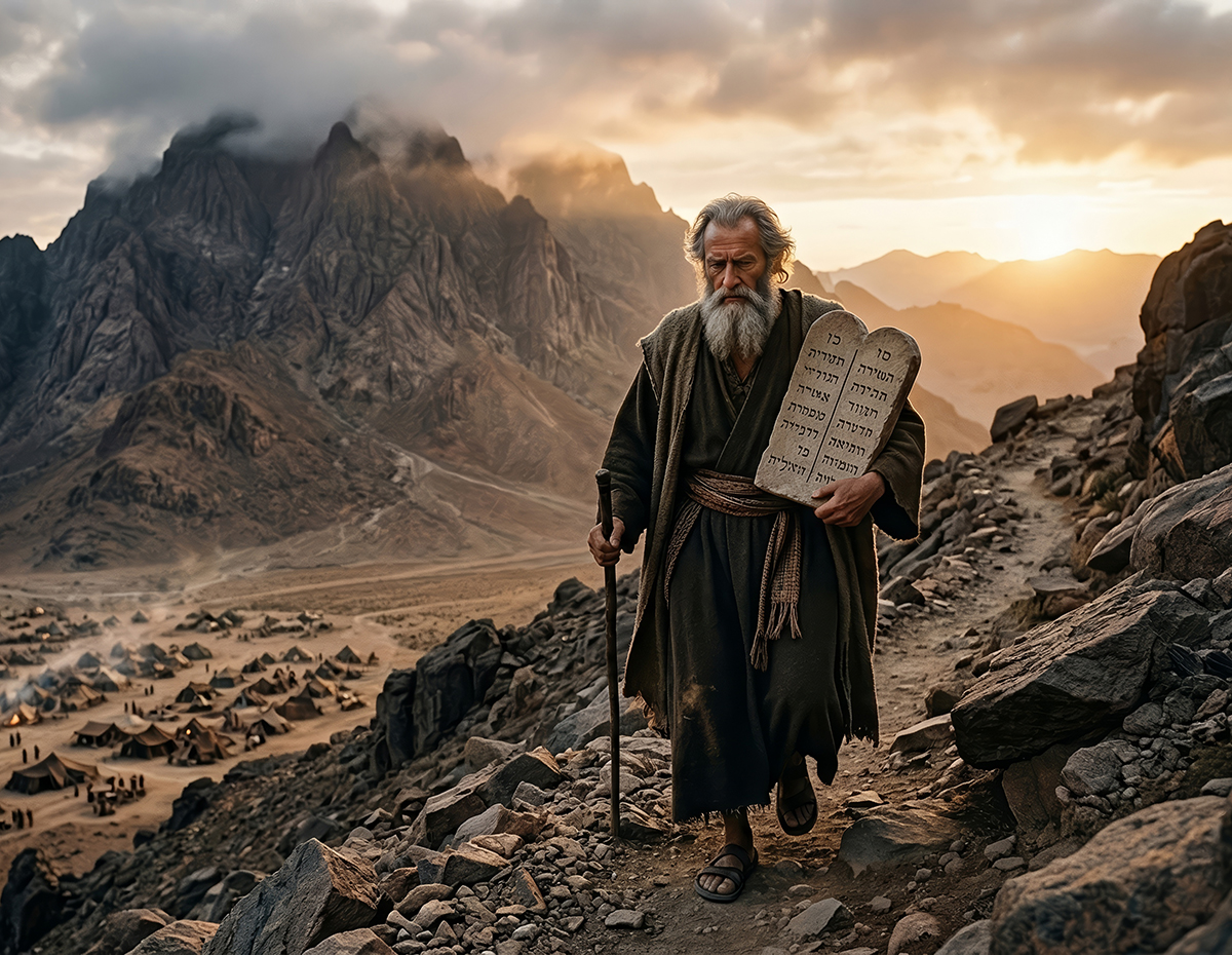 Moses descending Mount Sinai clutching the stone tablets of the Ten Commandments above a vast desert encampment at sunset, evoking the Exodus, covenant and divine law